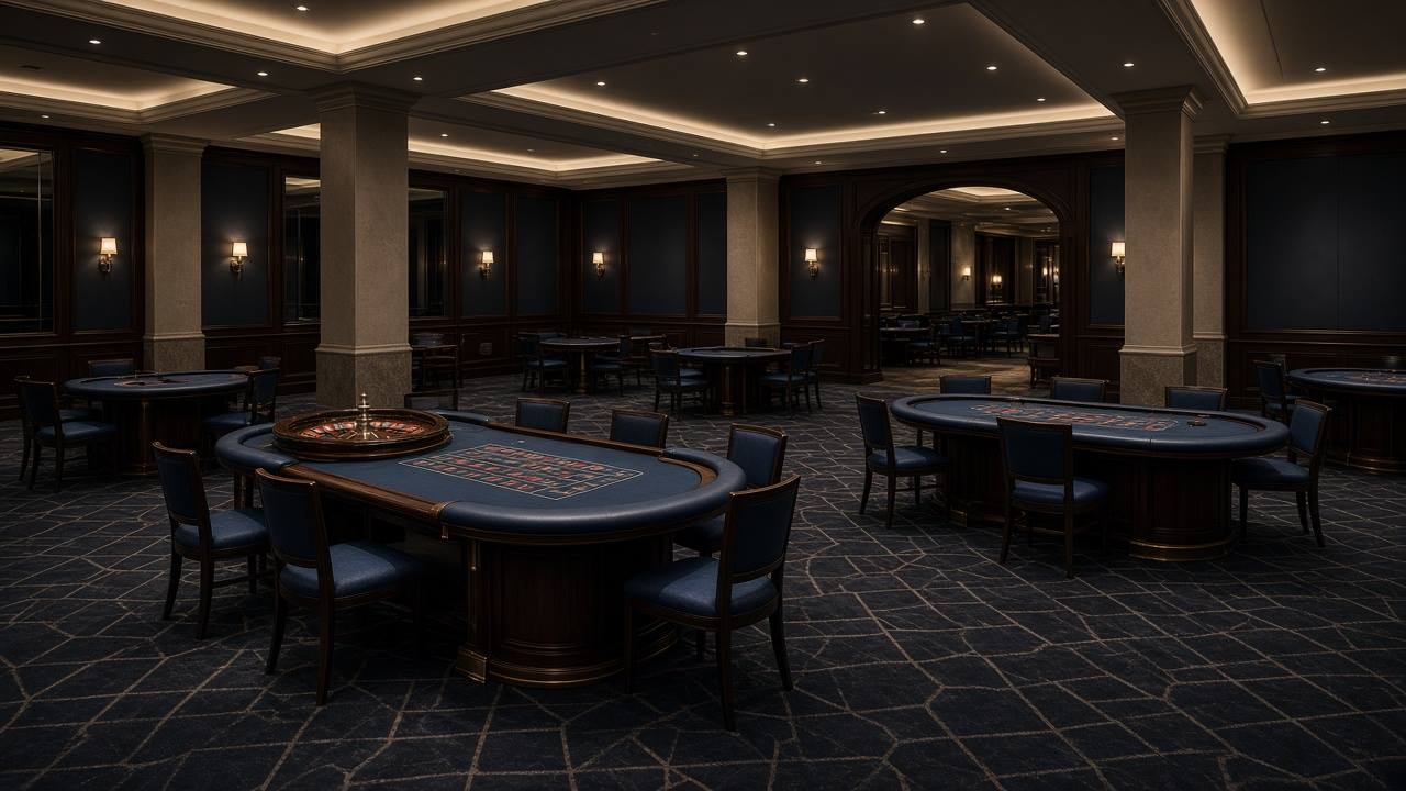 Sala de juego principal vacía con mesas de ruleta y cartas