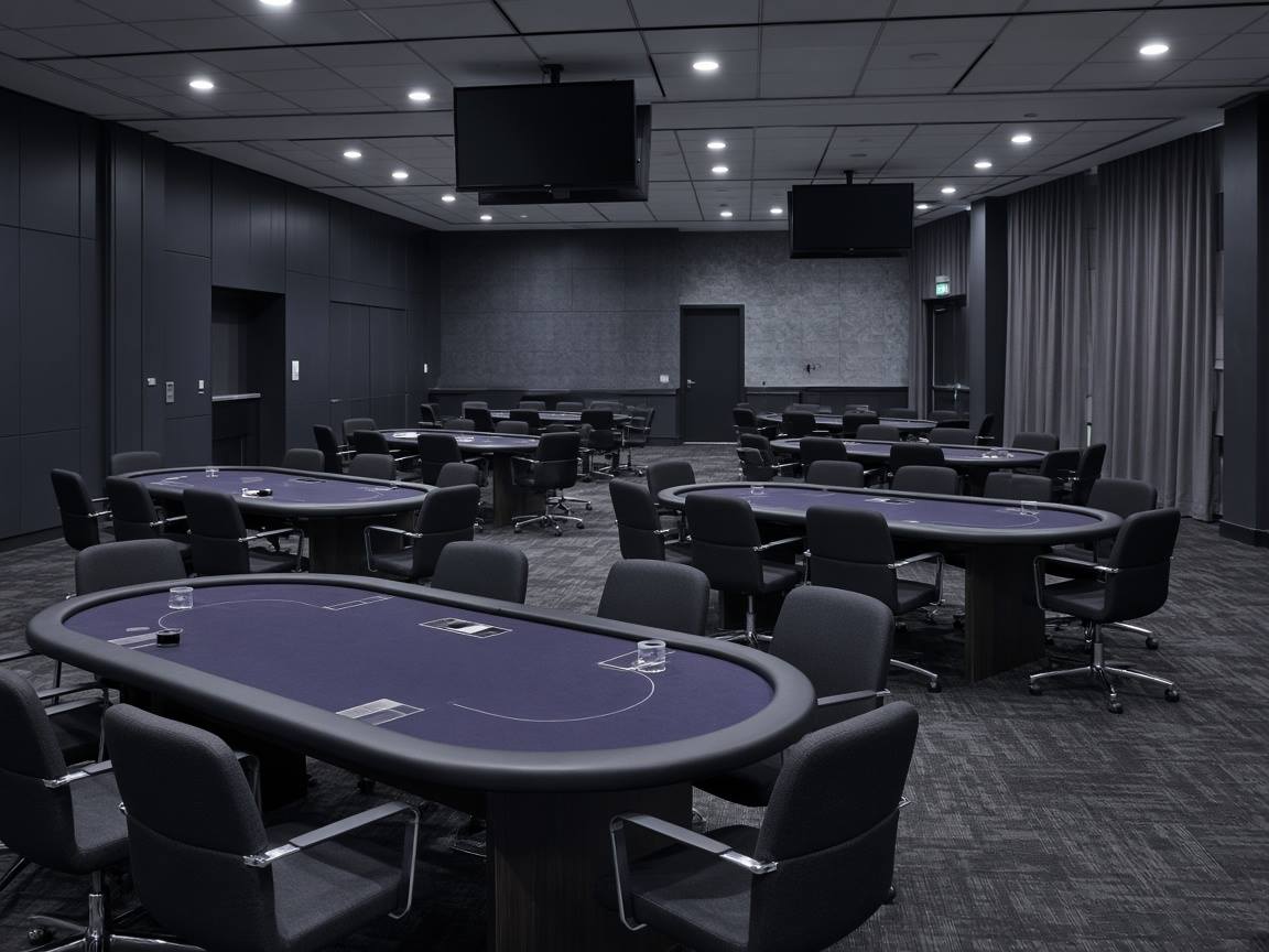Sala de torneos de póker vacía preparada para competición